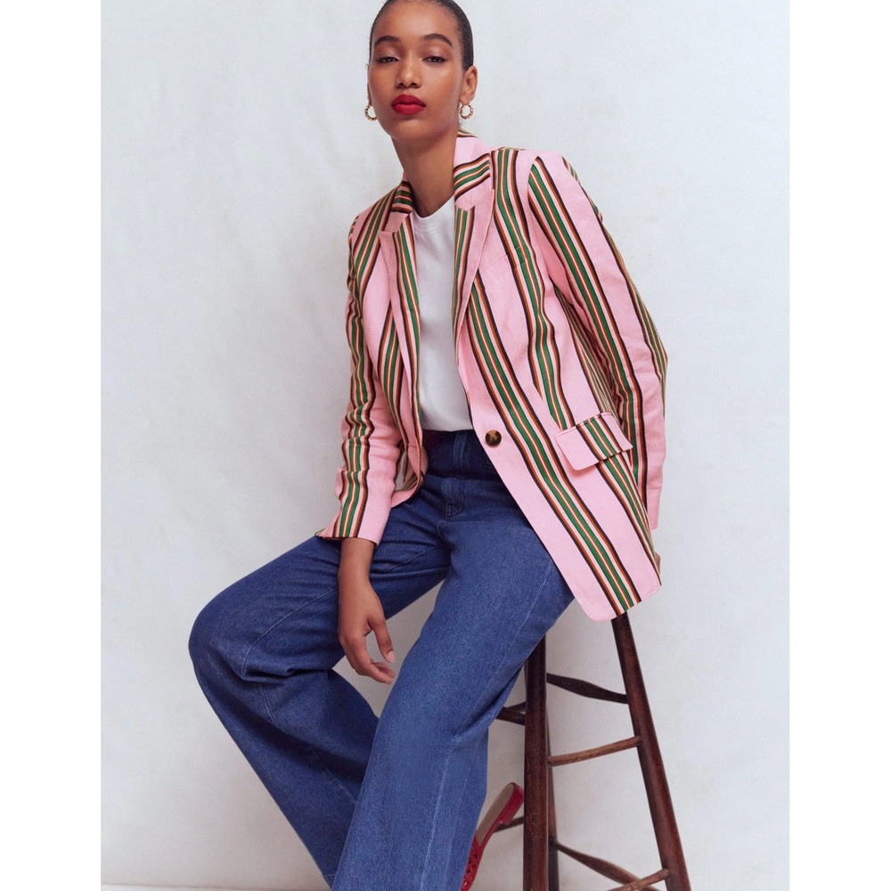 Boden Woodbridge Relaxed Blazer Pink Green Stripe Linen Cotton U0448 US 6R